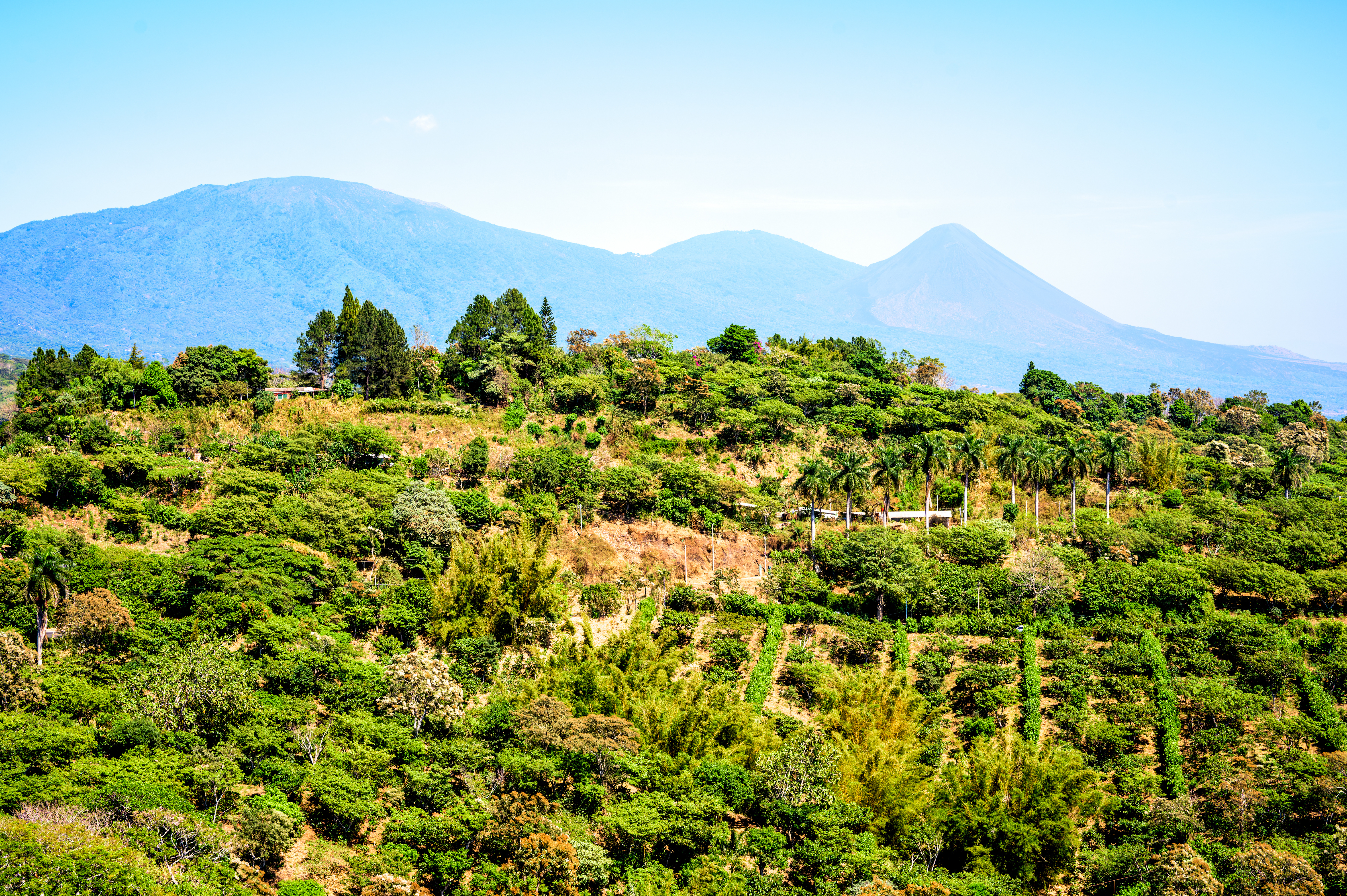 Ahuachapán, El Salvador. Panoramic View Of The Valley With Mountains And Volcanoes. Ahuachapán, El Salvador. Panoramic View Of The Valley With Mountains And Volcanoes.