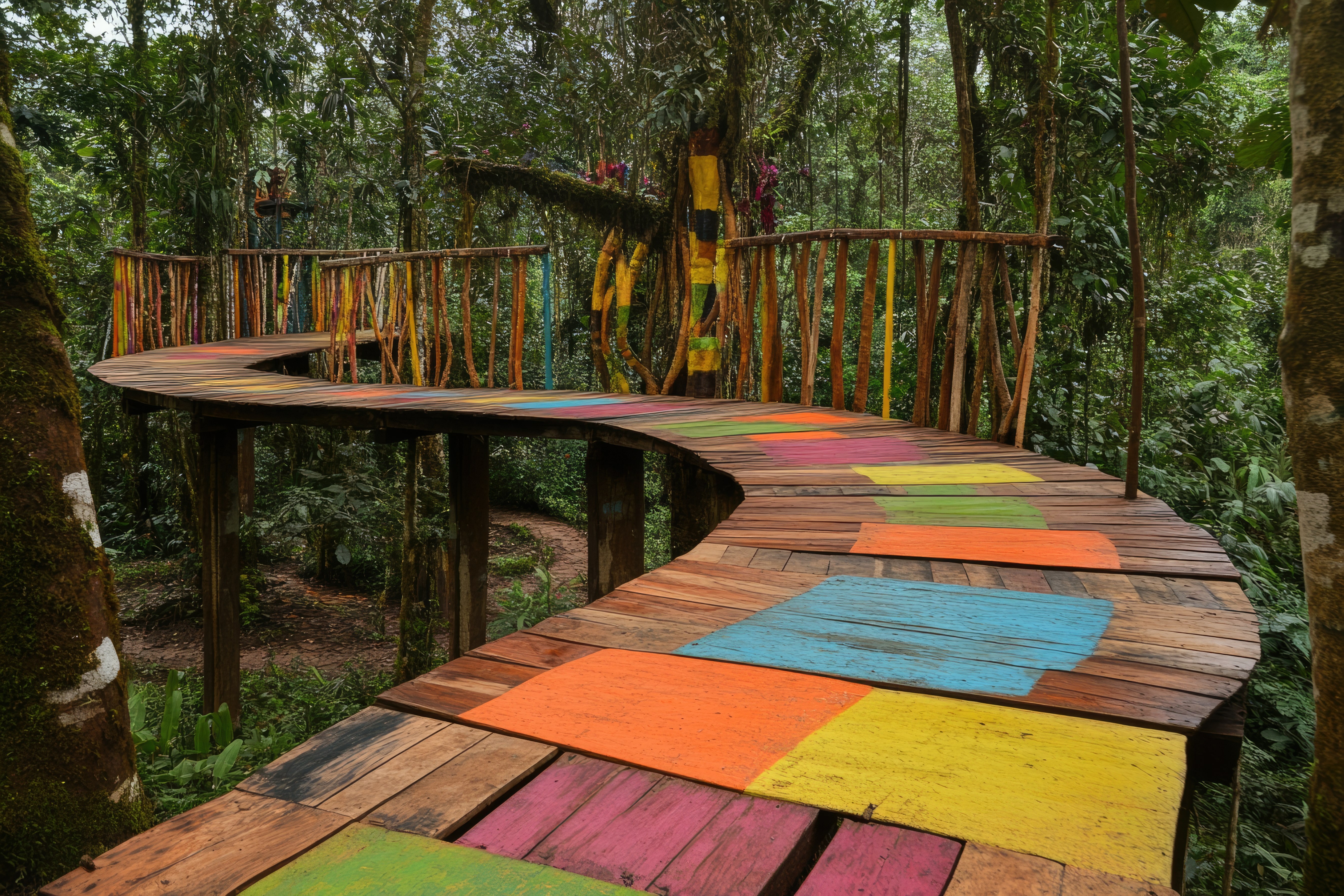 Ecuador Wooden Food Bridge In The Lush Ecuador Amazon Jungle A Serene Pathway Through Nature's Canopy Ecuador Wooden Food Bridge In The Lush Ecuador Amazon Jungle A Serene Pathway Through Nature's Canopy