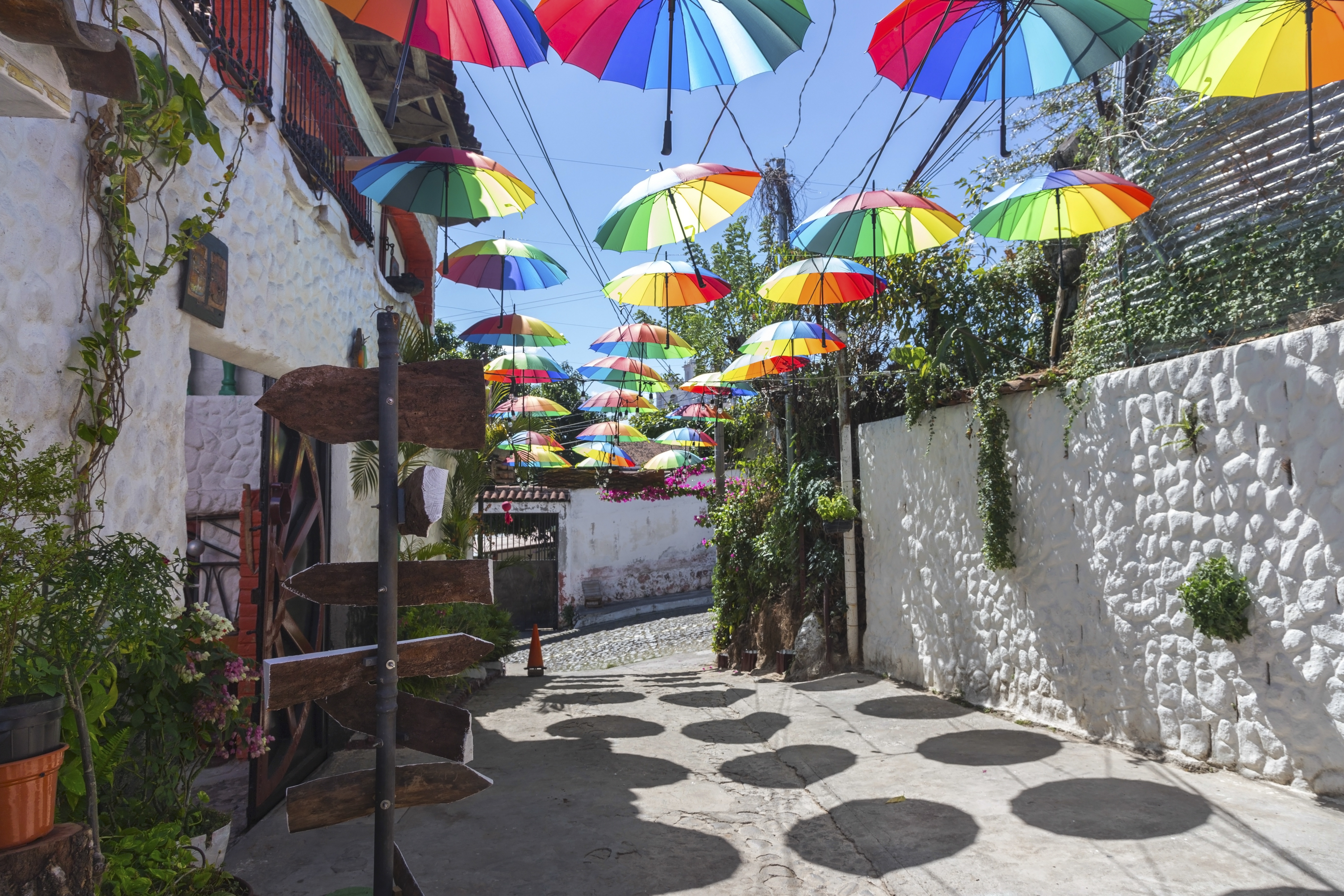 Cobblestone Streets And Colourful Umbrellas In Old Town Of Suchitoto, El Salvador Cobblestone Streets And Colourful Umbrellas In Old Town Of Suchitoto, El Salvador