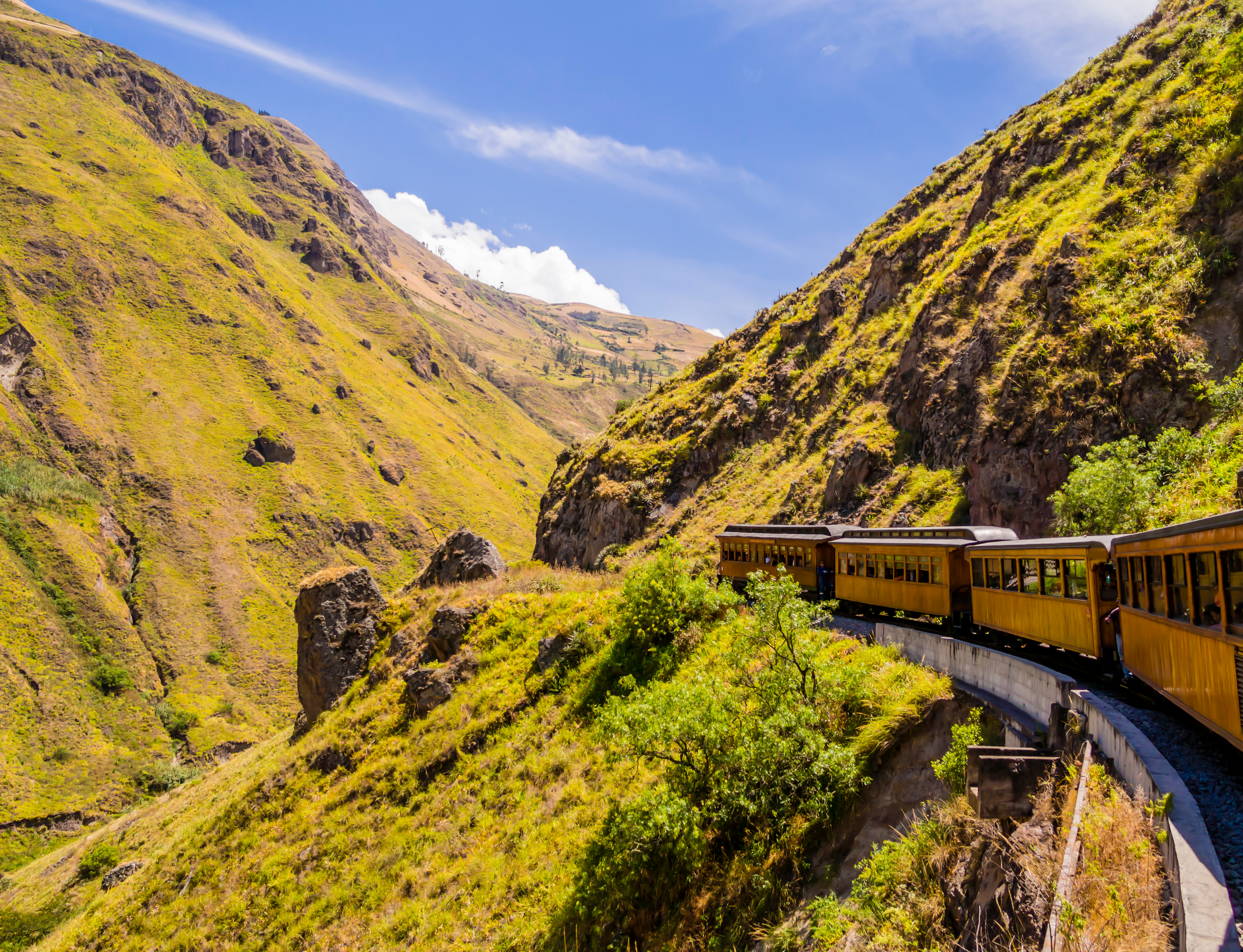 Ecuador Devil's Nose Train Running On Beautiful Andean Landscape, Alausi, Ecuador